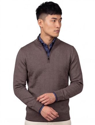 Thomas Maine half zip trui effen bruin merinowol
