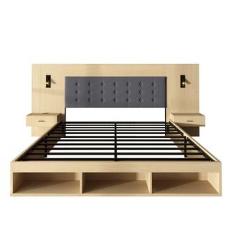 Urban Meuble Cama king size de roble claro con luces led y usb-c 180x200 cm