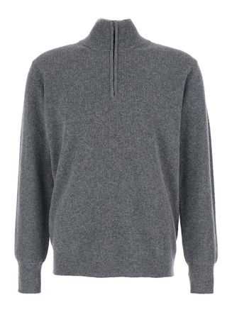 Roberto Collina Grey Ribbed Knit Sweater With High Neck And Half Zip Closure In Wool Man