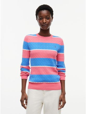 Tommy Hilfiger Womens Rugby Stripe Cable Knit Sweater - Pink - XXL