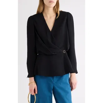 Chlo&eacute; Fluid Faille Cinched Waist Top in Black at Nordstrom, Size 36