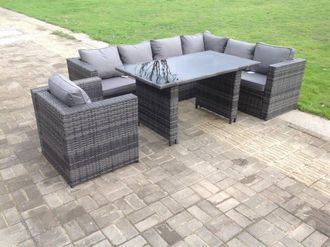 Fimous Lounge Rattan Corner Sofa Set Outdoor Garden Furniture Rectangular Dining Table Chair in Dark Grey