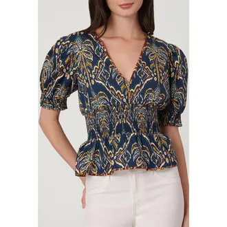 Shoshanna Balinese Palm Print Jocelyn Top in Navy Multi at Nordstrom, Size X-Large