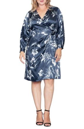 Standards & Practices Floral Print Long Sleeve Faux Wrap Satin Dress in Navy Orchid at Nordstrom, Size 18W