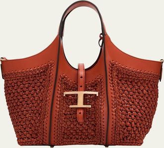 Tod's Small T Timeless Raffia & Leather Shopping Bag