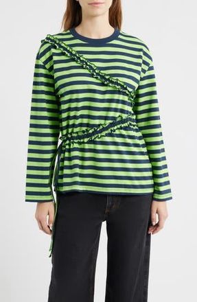 Damson Madder Prudie Stripe Ruffle Trim Top in Lime at Nordstrom Rack, Size 4 Us / 8 Uk