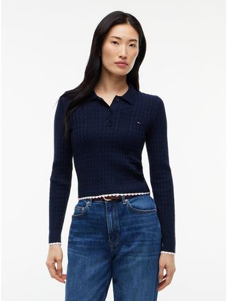 Tommy Hilfiger Womens Tommy Jeans Mini Cable Knit Sweater Polo - Navy - XXS