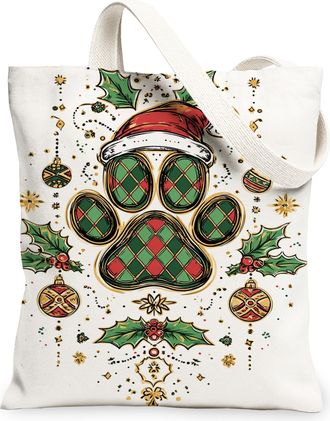 Generic Christmas Paw Print Canvas Tote Bags, Holiday Plaid Design Reusable Shopping Bags, Lightweight Washable Shoulder Strap Canv, White, 13x15 Inch