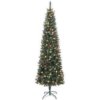 OEM &Aacute;rbol De Navidad Artificial Estrecho 230 Cm Con Luces Led 7 Modos De Iluminaci&oacute;n 761 Ramas Pi&ntilde;as Bayas Y Soporte Verde