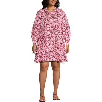 Lands End Plus Size Poplin Button Front Dress with Godets in White/coral Red Painted Posies at Nordstrom, Size 1 X
