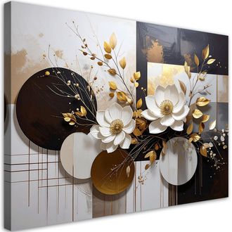 Feeby Cuadro En Lienzo, Abstracci&oacute;n En Marr&oacute;n Y Beige C&iacute;rculos Flores Y Hojas, 100x70