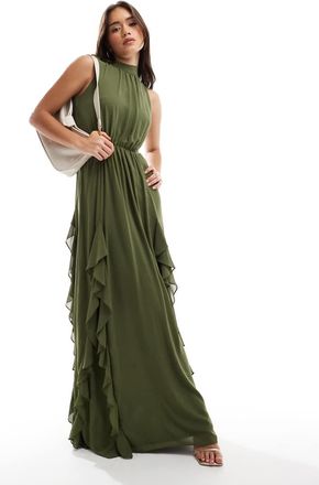 Tfnc Vestito lungo con volant, schiena scoperta e spacco sulla coscia verde oliva