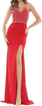 Colors Dress Rhinestone Mesh/matte Jersey Long Dress In Red