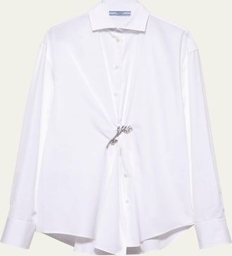 Prada Crystal Brooch Poplin Button Down Top