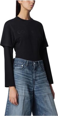 Courr&egrave;ges T-shirt met logoprint en dubbele mouwen - Dames - Longsleeves - Zwart - S - Katoen - Tops