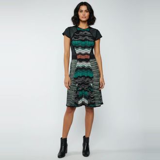 M Missoni Black/green Zig Zag Knit Knee Length Dress