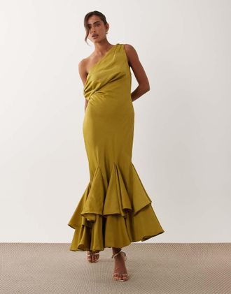 Asos Vestito al polpaccio con spalle scivolate e fondo godet asimmetrico color oliva-Multi