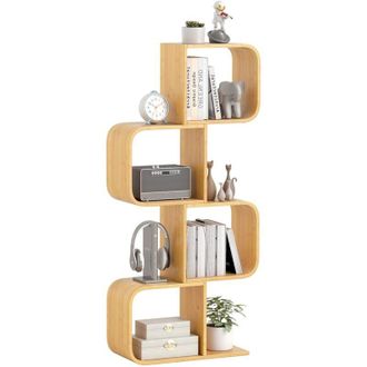 Costway Libreria a 4 Cubi Forma di S, Libreria Bassa Scaffale in Bamboo, Libreria Design Moderna Salvaspazio da Terra, per Soggiorno, Studio e