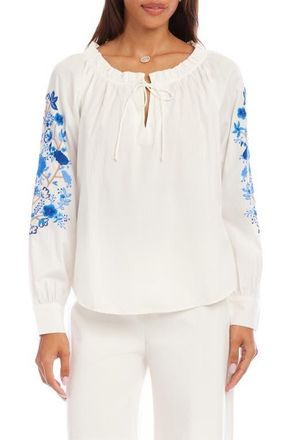 Karen Kane Floral Embroidered Cotton Peasant Top in White at Nordstrom, Size X-Small