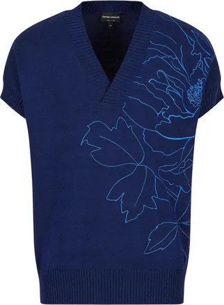 Emporio Armani Heren Bloemen V-Hals Sweater Vest (Blauw)