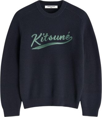 Maison Kitsun&eacute; Kitsune Varsity Geborduurd Mesh Trui - Heren - Ronde hals truien - Blauw - M - Katoen - Truien & Vesten