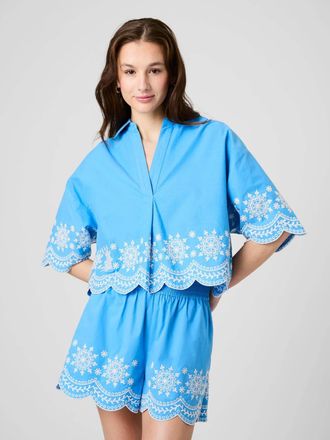 French Connection Alissa Embroidered Popover Top In Poolside Blue White