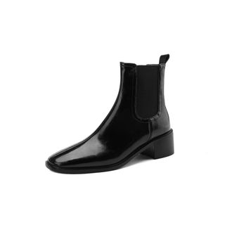 TinaCus Womens Square Toe Genuine Leather Handmade Chunky Heels Slip On Trendy Ankle Boots, Black, 7.5 UK