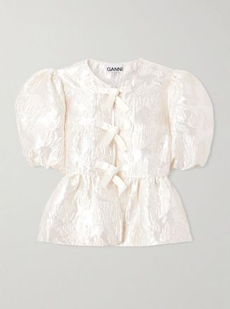 Ganni Blusa In Cloqu&eacute; Con Baschina E Fiocchi - Bianco