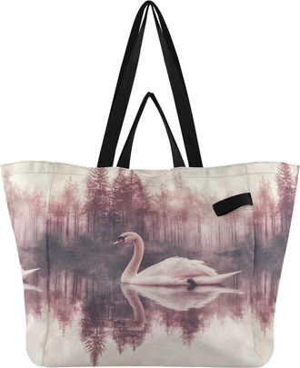 Generic Pink Lake Swan print Reusable Canvas Tote Bag, Heavy Duty Grocery Shopping Bag with Hard Bottom Large Capacity Double Handles Work Groceries Travel