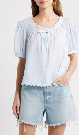 Frame Denim The Serene Eyelet Trim Cotton Top in Powder Blue Multi at Nordstrom, Size X-Small