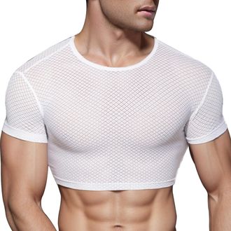 Feoya Mens Half Crop Top Short Sleeve Lace Tops for Men Mesh Sheer Muscle Top White M Sports Undershirt Sexy Slim See Through Blouse Cropped T Shirt Fishnet
