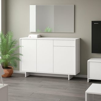 Dmora Aparador Aneto, Aparador De Sal&oacute;n, Buffet De Sal&oacute;n Con 3 Puertas Y 1 Caj&oacute;n, 100% Made In Italy, 134x35h87 Cm, Blanco, Con Embalaje Reforzado - Dmora