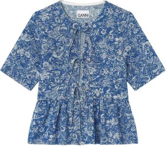Ganni Gekorte Peplum Top met Bloemendessin in Jacquard - Dames - Blouses - Blauw - S - Overhemden