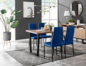 Furniturebox Kylo Brown Wood Effect Dining Table With Black U Legs & 4 Milan Velvet Chairs in Navy