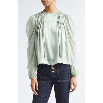 Ulla Johnson Odette Pleated Silk Sheer Balloon Sleeve Top in Celadon at Nordstrom, Size 00