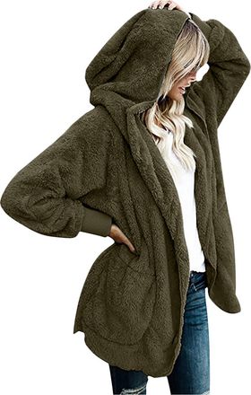 Generic Womens Teddy Fleece Coat Jackets Autumn Winter Hooded Jacket Loose Warm Plush Sherpa Fluffy Fleece Coat Open Front Hooded Solid Color Cardigan Jacket 