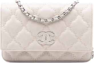 Chanel Beige Quilted Calfskin Double Stitch Hamptons Wallet on Chain