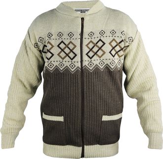 Carabou Mens Full Zip Cardigan S-4XL Diamond Print Zipper Argyle Gents Blue Brown Grey Charcoal Burgundy Beige Green Made in The UK