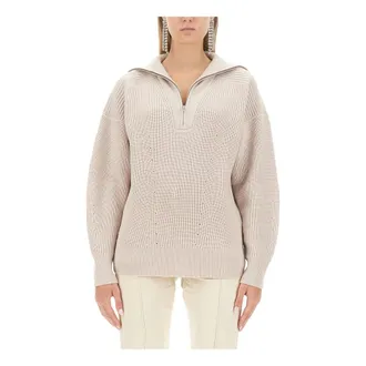 Isabel Marant V-neck Knitwear, female, Beige, Size: XL Benny Half-zip Sweater