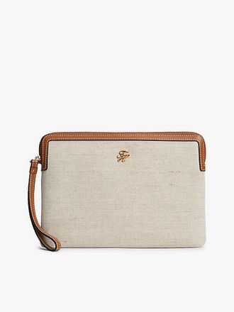 Tommy Hilfiger Logo Leather Trim Canvas Pouch
