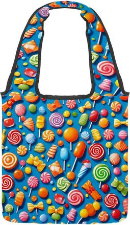 Generic Blue Candy Pattern Reversible Canvas Shoulder Tote - Double-Sided Print, 12oz Cotton, 27cm Drop, Fold-Flat Bag for Travel, Shopping, Street Outings