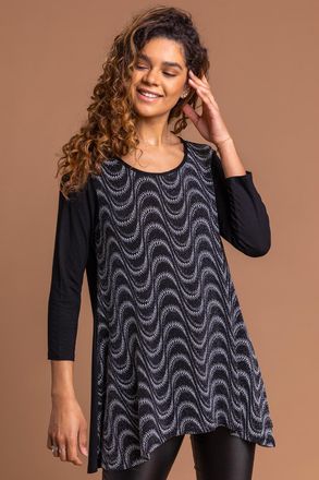 Roman Glitter Print Hanky Hem Tunic Top