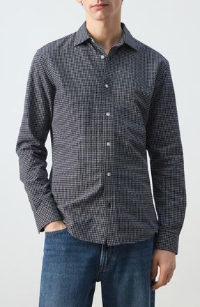 Mango Regular Fit Check Cotton Blend Button-Up Shirt in Navy at Nordstrom, Size X-Large