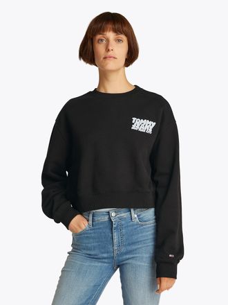 Tommy Jeans Sweatshirt TOMMY JEANS TJW RLX CRP TJ BUBBLE CREW, Damen, Gr. L (40), schwarz, Sweatware, Obermaterial: 100% Baumwolle, unifarben, relaxed fit kurz, R