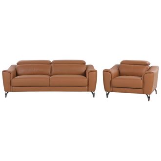 Beliani Conjunto De Sof&aacute;s 1 + 3 Plazas En Piel Marr&oacute;n Dorado Reposacabezas Ajustables Asiento Ancho Estilo Retro Narwik