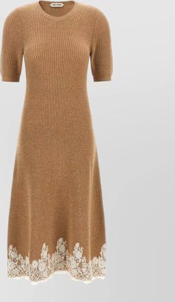 Alberta Ferretti cashmere camel hair ribbed knit short sleeve midi dress