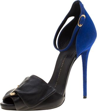 Giuseppe Zanotti Black Leather And Blue Suede Safety Pin Ankle Strap Sandals
