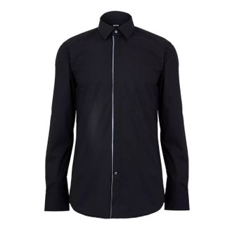 HUGO BOSS Mens Contrast Piping Point Collar Long-Sleeved Shirt (Black) - Size 15 inch