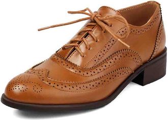 Generic Womens Wingtip Oxfords Two-Tone Brogue Shoes with Low Block Heel for Business and Daily Wear Comfort Fit Design Multiple Colors,Yellow,6.5 UK