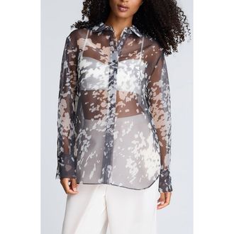 Kenneth Cole Print Sheer Button-Up Shirt in Mink Taupe/Oyster at Nordstrom Rack, Size X-Small